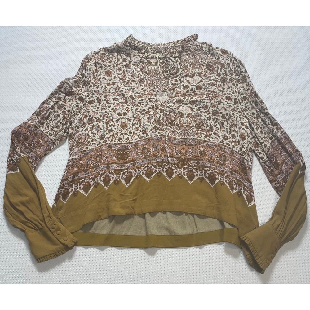 Free People Women's Brown Large‎ Blouse Long Sleeve Boho Floral Print Top